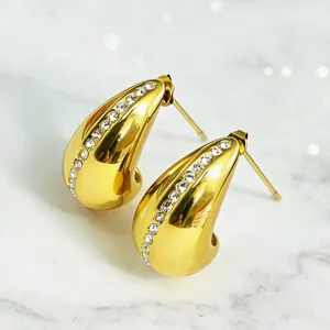 Gold plated titanium steel teardrop rhinestone stud earrings detail close up view