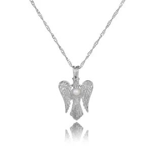 Elegante silberne Engel-Käfig-Anhänger-Halskette mit Süßwasserperle im minimalistischen Stil.