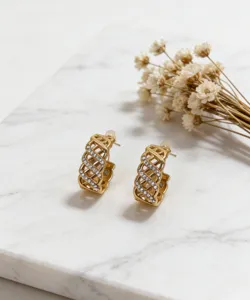 Gros plan détaillé de boucles d'oreilles dorées tressées avec des strass scintillants.