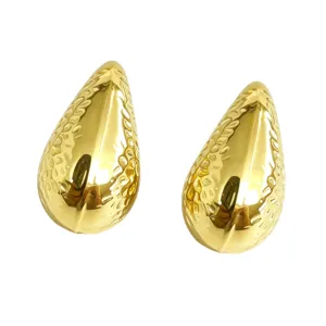 Boucles d'oreilles goutte martelées creuses en acier inoxydable plaqué or 18k chic femme