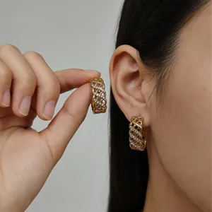 Boucles d'Oreilles Créoles en Acier Inoxydable 304 Or Strass Grille Boucle Élégant Bijoux Géométriques Ajourés pour Femmes Fête
