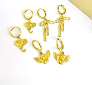 Stainless steel 18K gold plated hoop earrings set featuring cute elephant bow and angel wing charms.