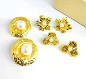 Luxury gold stainless steel pearl earrings set, vintage floral stud jewelry for women.