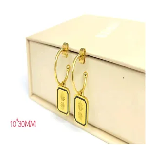 Trendy 18K gold plated stainless steel rectangle pendant hoop earrings for women fashion.
