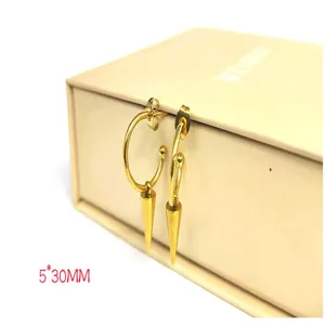 Gold stainless steel hoop earrings with cool cone pendant design, stylish jewelry for women.