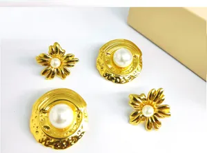 New fashion stainless steel pearl earrings set, vintage gold flower and round jewelry for women.