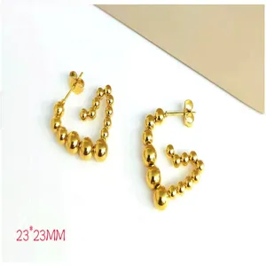 Gold beaded heart earrings stainless steel geometric ear studs women fashion jewelry 23mm