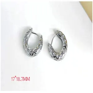 Detailed view of geometric textured stainless steel hoop earrings with precise dimensions.