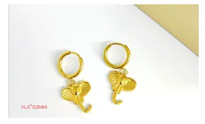 Gold stainless steel elephant drop earrings for women, minimalist fashion jewelry design.