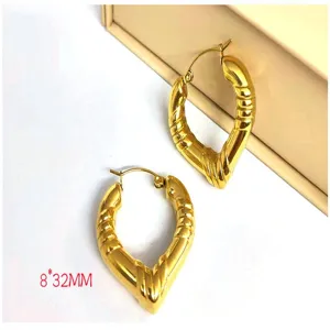Gold stainless steel heart bamboo hoop earrings, fashion wide face metal jewelry 8x32mm.