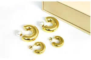 Gold C-shaped hoop stainless steel pearl earrings set fashion jewelry for women chic