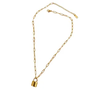Gold paperclip chain necklace with a mini padlock pendant, trendy titanium steel jewelry.