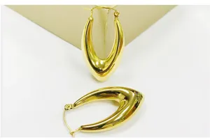 Detailed close-up of mirror polished stainless steel U-shape hoop earrings in gold color.
