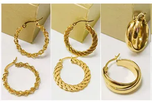 Detailed view of trendy 18k gold plated twist hoop earrings set, showcasing fine craftsmanship.