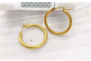 Gold stainless steel textured hoop earrings, wide U-shaped design for daily fashion.