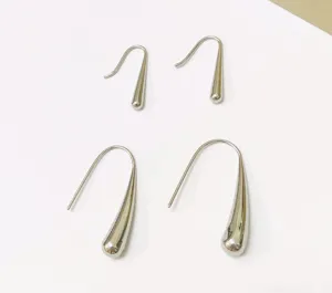 Minimalist stainless steel teardrop hook earrings detail view, polished silver finish.