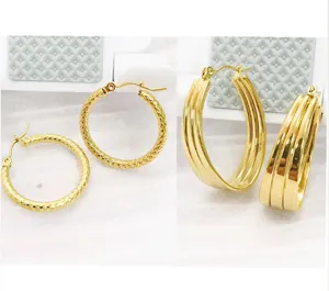 Gold stainless steel hoop earrings set, textured snake pattern and wide U-shaped design.
