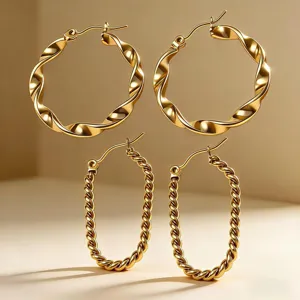 Simple Fashion Wide Water Ripple Gold Plated Twisted Rope O Shaped Stainless Steel Hoop Earrings For Women Geometric Jewelry