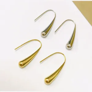 Elegant stainless steel teardrop hook earrings in gold and silver finish, modern minimalist design.