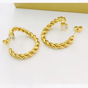 18K Gold Plated Stainless Steel Twisted Zircon Stud Earrings for Women Fashion Jewelry
