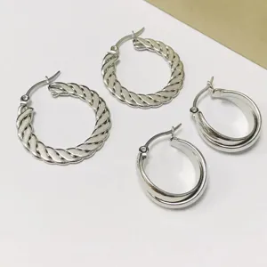 Silver metal hoop earrings set, featuring twist and double layer styles for daily wear.