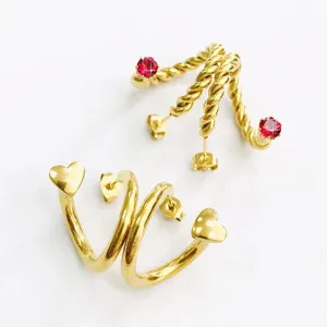 Gold stainless steel twisted earrings with red zircon and cute heart charm for women fashion