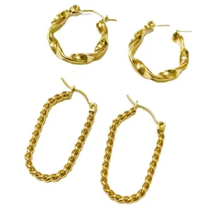 Minimalist 18K gold plated stainless steel twist hoop earrings set with round and oval shapes.