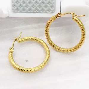 Gold stainless steel hoop earrings with snake skin pattern, wide U-shaped design for daily wear.