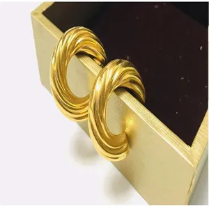 French fashion 18k gold stainless steel twisted hoop earrings, elegant chunky minimalist jewelry.