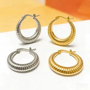 Fashion 18K Gold Plated Stainless Steel Crescent Moon Ribbed Hoop Earrings For Women Minimalist Hollow Jewelry Accessories