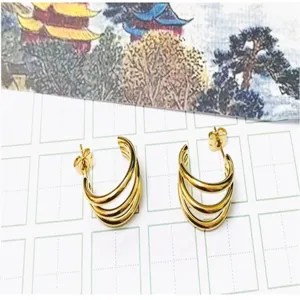 French triple layer C-shaped small stainless steel 18k gold hoop earrings for women chic wear
