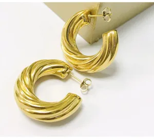 Detailed shot of chunky gold twisted hoop earrings, elegant fashion stainless steel jewelry.