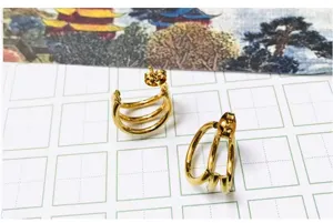 French style triple hoop stainless steel 18k gold plated small stud earrings detail view