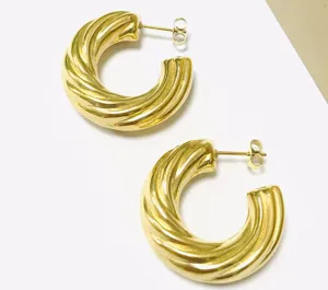 Detailed view of chic French style 18k gold stainless steel hollow twisted hoop earrings.