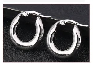 Chunky stainless steel hoop earrings for women, minimalist thick round metal earrings.