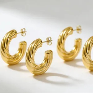 French Vintage Stainless Steel Wavy Hoop Earrings For Women Minimalist Electroplated Geometric Twisted Hollow C Shaped Earrings Party Jewelry