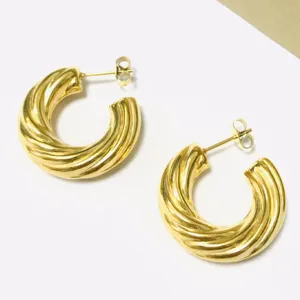 French fashion 18k gold stainless steel twisted hoop earrings, elegant chunky dome design for women.