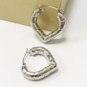 Silver heart bamboo hoop earrings stainless steel retro textured heart earrings fashion