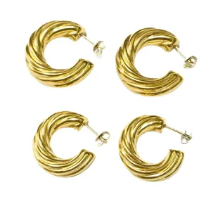 French style fashion 18k gold plated stainless steel twisted hoop earrings for women