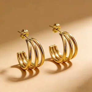 French Minimalist Stainless Steel Triple Hoop C-Shaped Stud Earrings Electroplated Multi Layer Ear Jewelry For Women Daily Accessory Gift