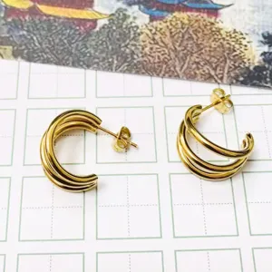 French style triple hoop stainless steel 18k gold plated small earrings fashion jewelry