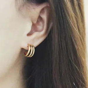 French triple hoop c-shaped small stainless steel 18k gold earrings main view display