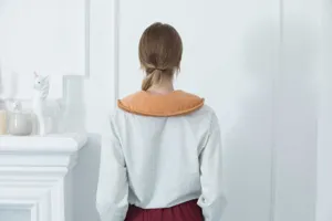U-shaped electric neck warmer heating pad, soft brown plush rechargeable hot water bag for shoulder.