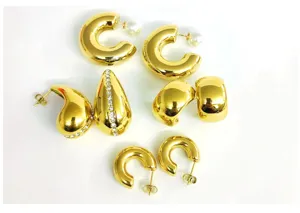 Gold plated stainless steel hoop earrings set, trendy teardrop and pearl earring collection.