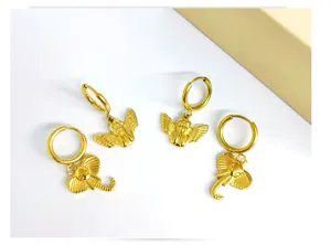 Stainless steel gold hoop earrings with cute angel and elephant charms minimalist fashion jewelry