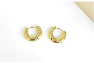 Stainless steel geometric textured gold plated hoop earrings, minimalist designer chic jewelry for women.