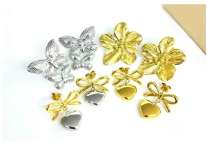 French court style butterfly flower bow heart stainless steel earrings detail view