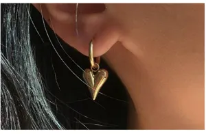 Gold stainless steel puffy heart drop earrings, elegant minimalist jewelry for women.