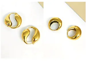 Detailed view of 18K gold plated stainless steel teardrop and crescent hoop earrings.