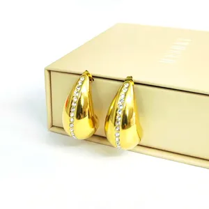 Gold teardrop rhinestone earrings, elegant 18k stainless steel C-shaped chic jewelry.
